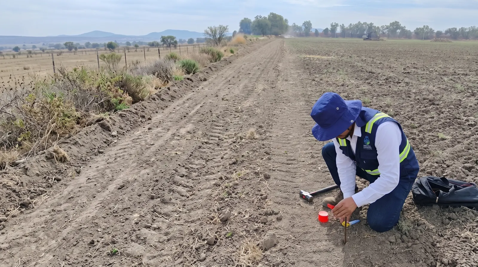 Brigadista de ITECSA colocando con marro una varilla identificada en un vértice del terreno